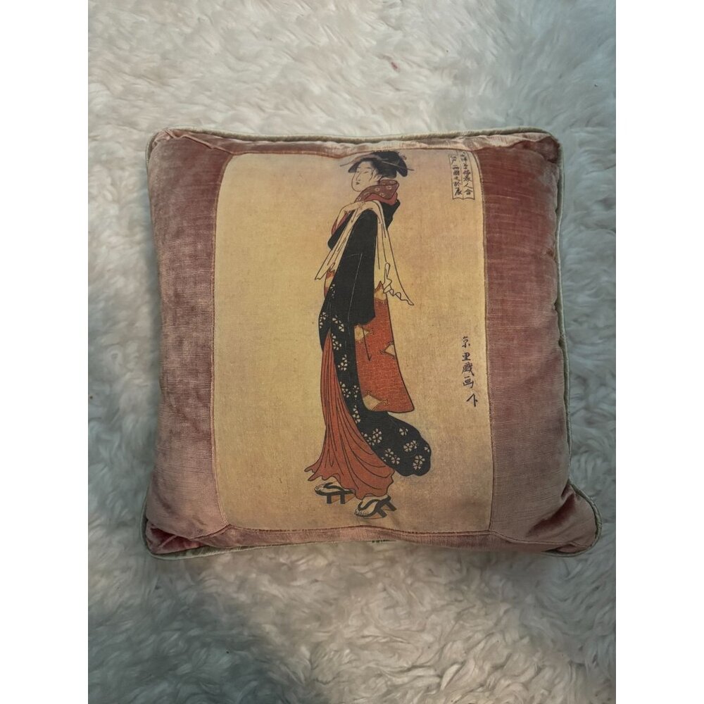Vintage Rags Home Furnishings Japanese Wood Block Throw Pillow Geisha-AS IS